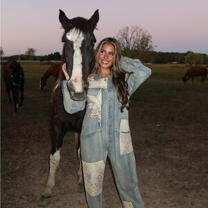 Bluivy Patchwork Denim Overalls - Blue and Cream